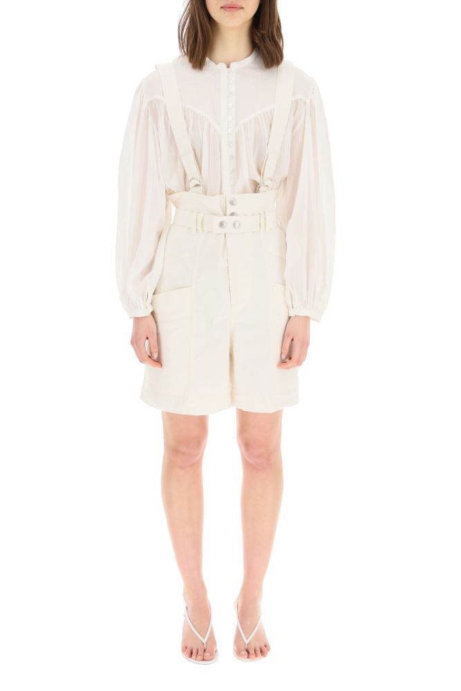 Effie high-waisted shorts by ISABEL MARANT in stretch linen and cotton blend, enriched by removable and adjustable suspenders and waist belt. Front closure with zip fly and buttons, front and rear patch pockets. The model is 177 cm tall and wears a size FR 36.