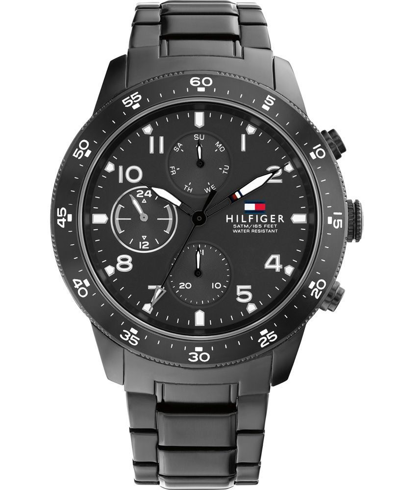 This Tommy Hilfiger Jimmy Multi Dial Watch for Men is the perfect timepiece to wear or to gift. It's Black 44 mm Round case combined with the comfortable Black Stainless steel watch band will ensure you enjoy this stunning timepiece without any compromise. Operated by a high quality Quartz movement and water resistant to 5 bars, your watch will keep ticking. This fashionable watch with numbers on the bezel is a perfect gift for New Year, birthday,valentine's day and so on-The watch has a calendar function: Day-Date, 24-hour Display High quality 21 cm length and 21 mm width Black Stainless Steel strap with a Fold over with push button clasp Case diameter: 44 mm,case thickness: 10 mm, case colour: Black and dial colour: Black