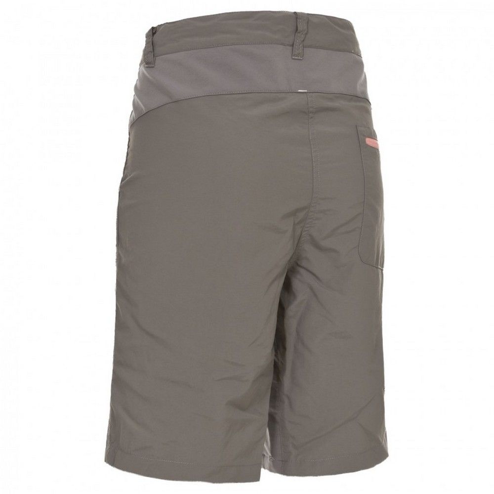 Flat waisted outdoor shorts with inner tie adjusters. Belt loops. 1 contrast back zip pocket, 1 zip pocket, 2 pockets. Stretch panels. Mid length shorts. Comfort stretch. Quick dry. Main: 100% Polyamide. Stretch panels: 100% Polyester. Trespass Womens Waist Sizing (approx): XS/8 - 25in/66cm, S/10 - 28in/71cm, M/12 - 30in/76cm, L/14 - 32in/81cm, XL/16 - 34in/86cm, XXL/18 - 36in/91.5cm.