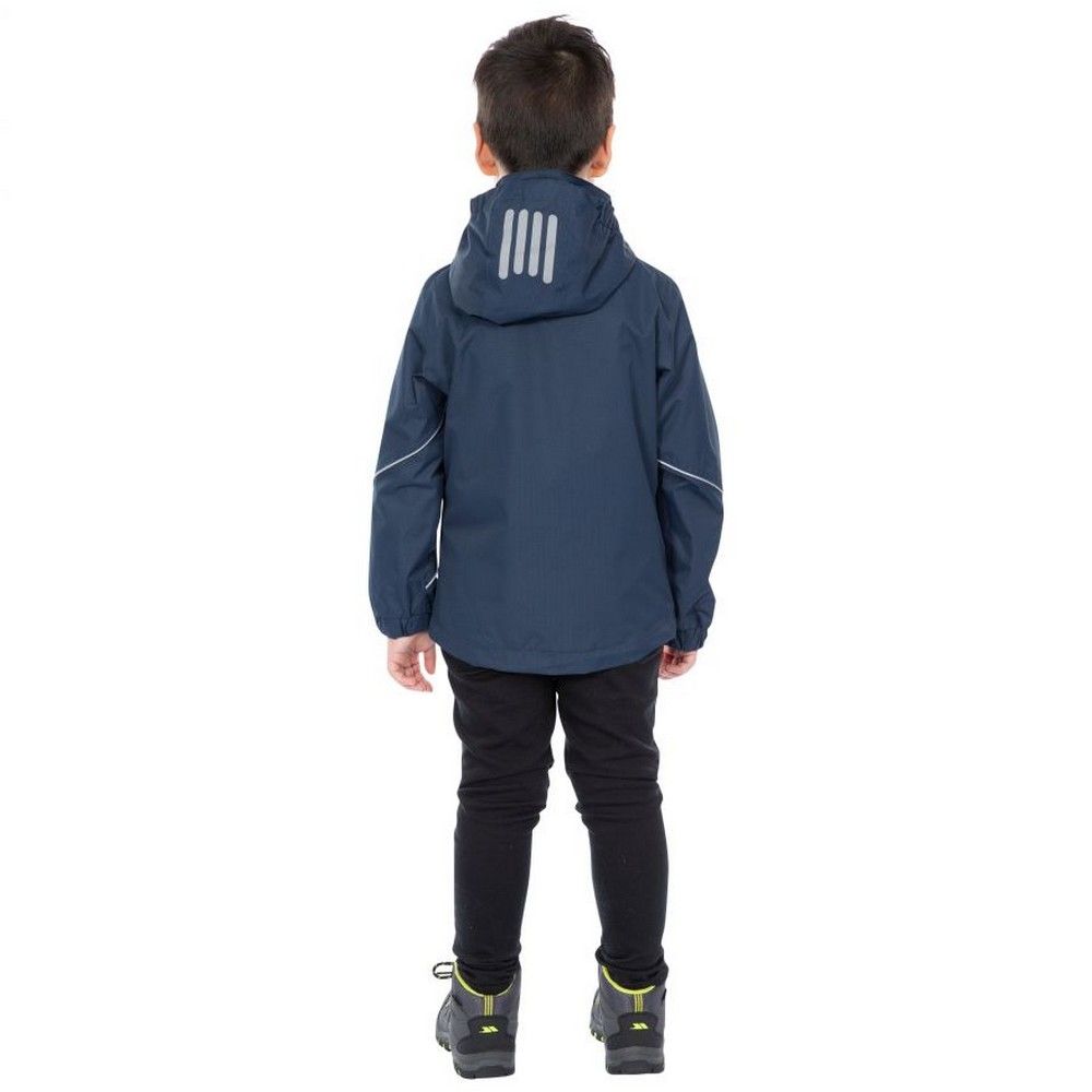 Shell: 100% Polyester PVC, Lining: 100% Polyester. 2 silver reflective zip pockets. Front zip is silver reflective. Hood is detachable with studs. Elasticated cuffs. Reflective print on the hood. Waterproof 2000, windproof, taped seams. Trespass Childrens Chest Sizing (approx): 2/3 Years - 21in/53cm, 3/4 Years - 22in/56cm, 5/6 Years - 24in/61cm, 7/8 Years - 26in/66cm, 9/10 Years - 28in/71cm, 11/12 Years - 31in/79cm.
