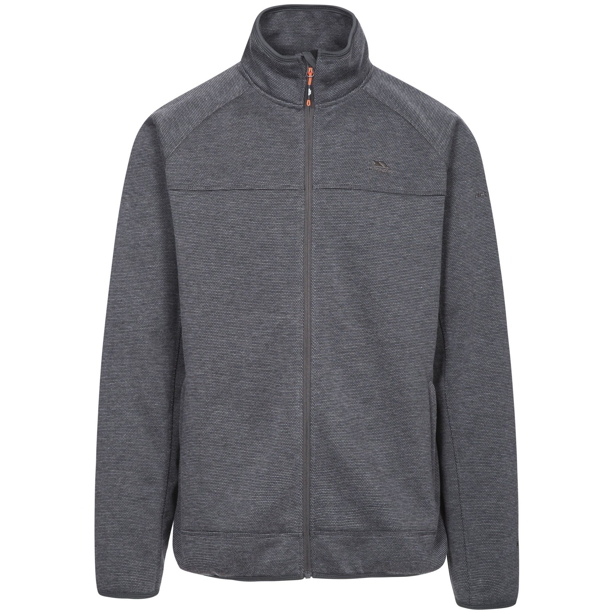 Mens patterned bonded fleece. Coverstitch detail. 2 zip pockets. Stretch binding at cuffs and hem. 100% polyester.