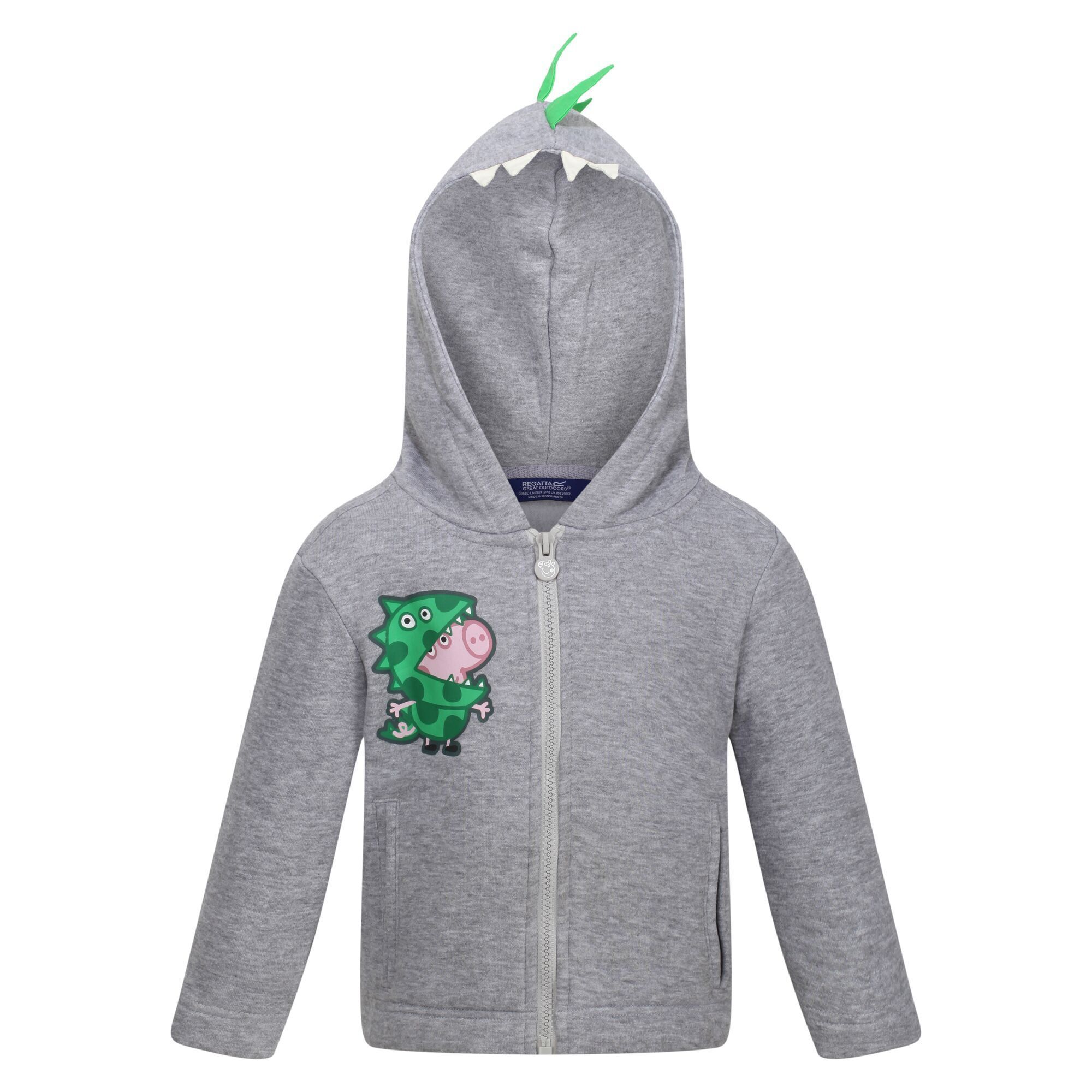 Material: 80% Cotton, 20% Polyester. Fabric: Fleece, Marl. Design: Dinosaur. Branded Tab, Branded Zip Pull. Neckline: Hooded. Sleeve-Type: Long-Sleeved. Hood Features: Grown On Hood. Pockets: 2 Side Pockets. Fastening: Full Zip. 100% Officially Licensed. Characters: George Pig.