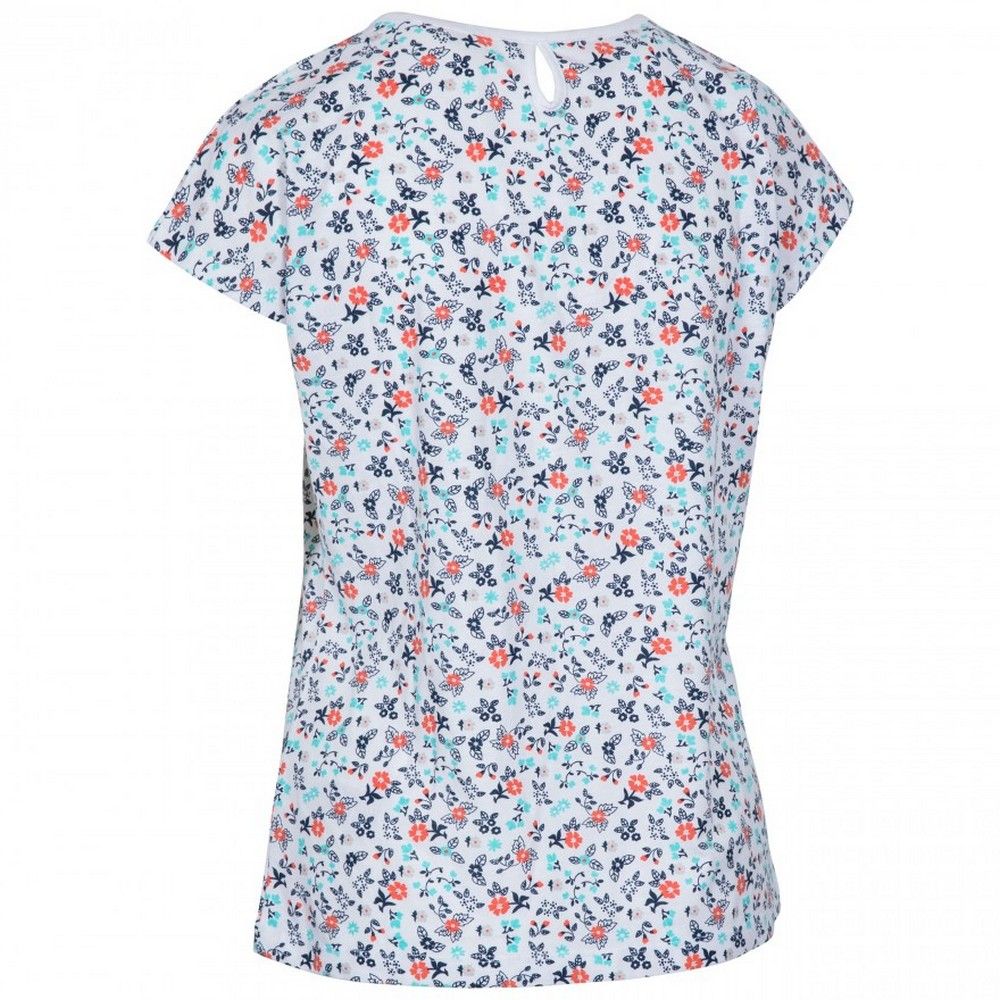 This printed tee has a flattering round neck and all over floral design, making it a spring staple. Keyhole opening detail on back of neck. Material: 60% Polyester, 40% Cotton.