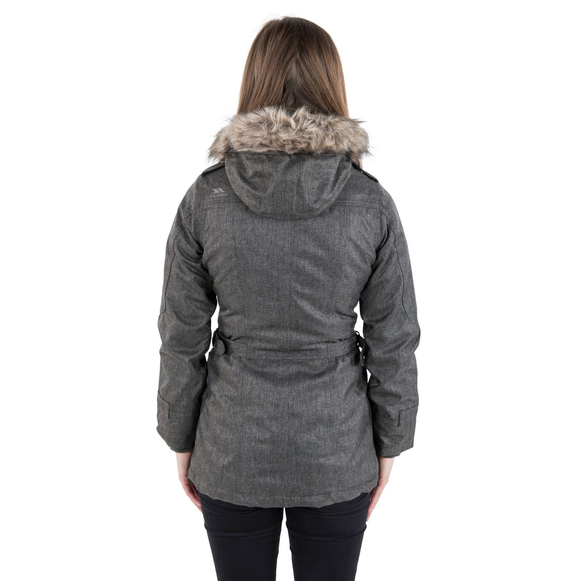Padded. Textured fabric. Contrast linings. Adjustable zip off hood. Removable fake fur hood trim. 2 zip pockets. Adjustable waist tabs. Inner knitted cuff. Inner storm flap. Waterproof 3000mm, windproof, taped seams. Shell: 100% Polyester, TPU membrane, Lining: 100% Polyester, Filling: 100% Polyester. Trespass Womens Chest Sizing (approx): XS/8 - 32in/81cm, S/10 - 34in/86cm, M/12 - 36in/91.4cm, L/14 - 38in/96.5cm, XL/16 - 40in/101.5cm, XXL/18 - 42in/106.5cm.