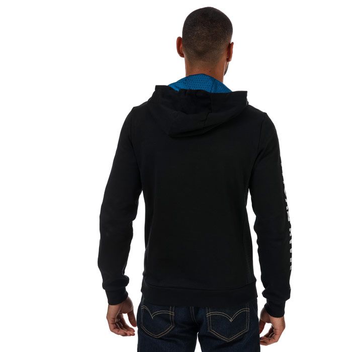 Mens Armani Exchange Mesh Detail Sleeve Hoody in black.- Hooded with drawstring adjustment.- Long sleeves.- Mesh panels at sides.- Oversized logo print at left arm.- Kangaroo pockets.- 100% Cotton. Machine washable.- Ref: 3ZZM79JR8Z1200