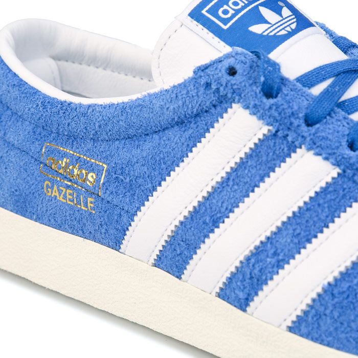 mens adidas gazelle white with blue stripes
