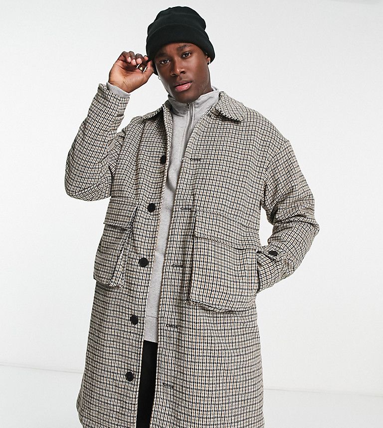 ADPT oversized wool mix overcoat with pockets in brown check-Neutral