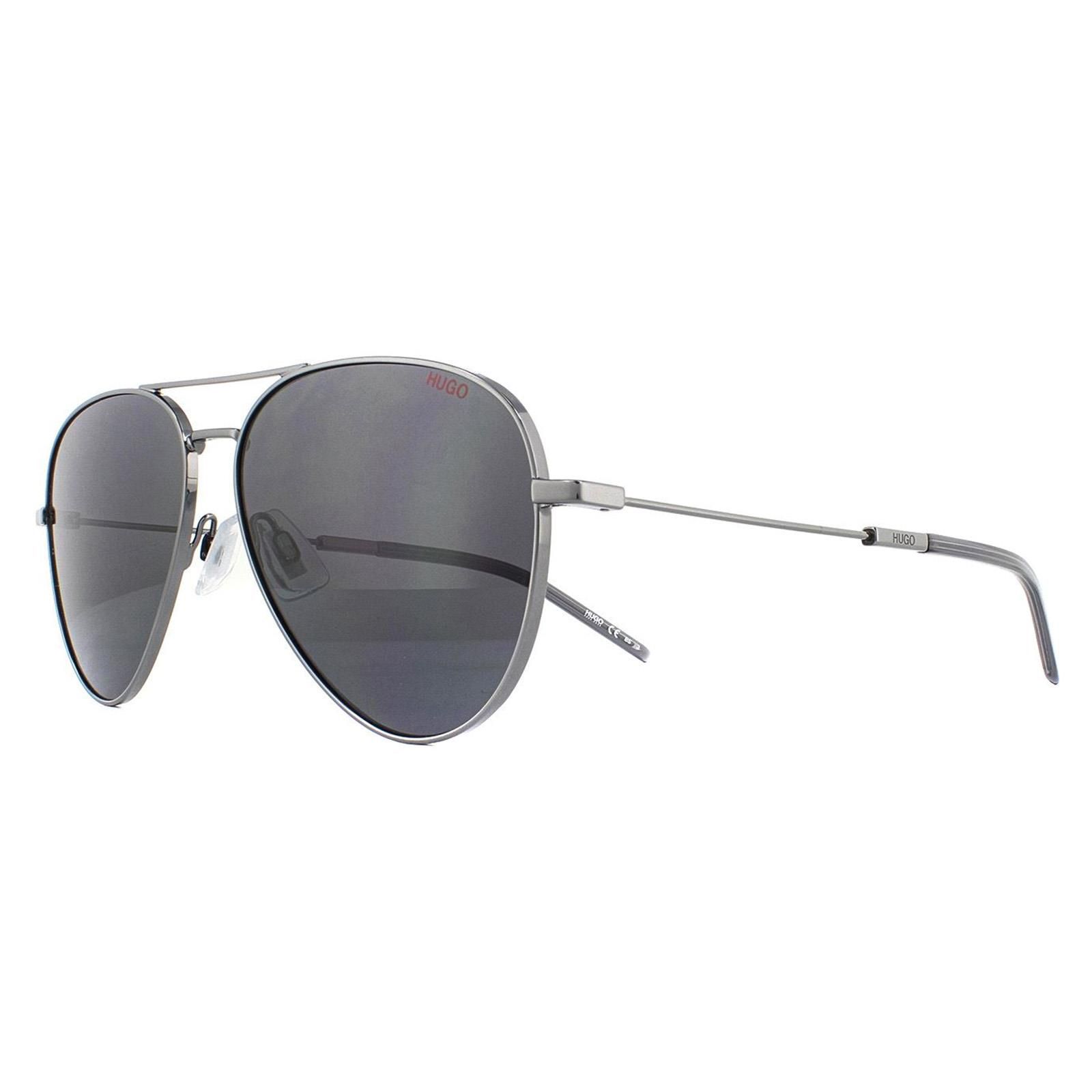 Hugo by Hugo Boss Sunglasses HG 1059/S KJ1 IR Dark Ruthenium Grey are a high quality double bridge pilot style with thin temples that ease nicely into a Hugo logo detail and into the plastic temple tips.