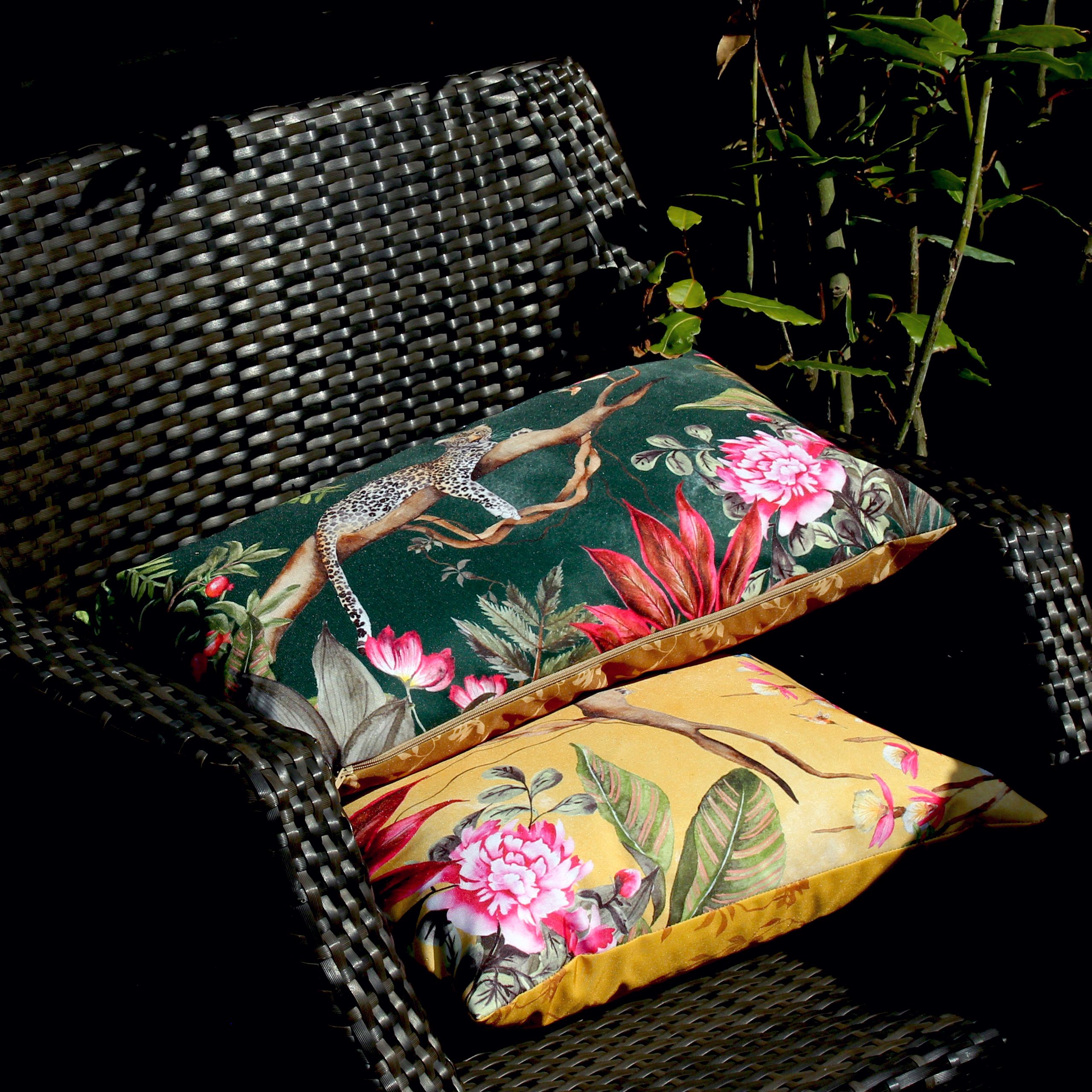Amongst the tropical foliage, features a striking Leopard printed on a durable water resistant polyester. The Leopard outdoor cushion is the perfect addition to your garden.