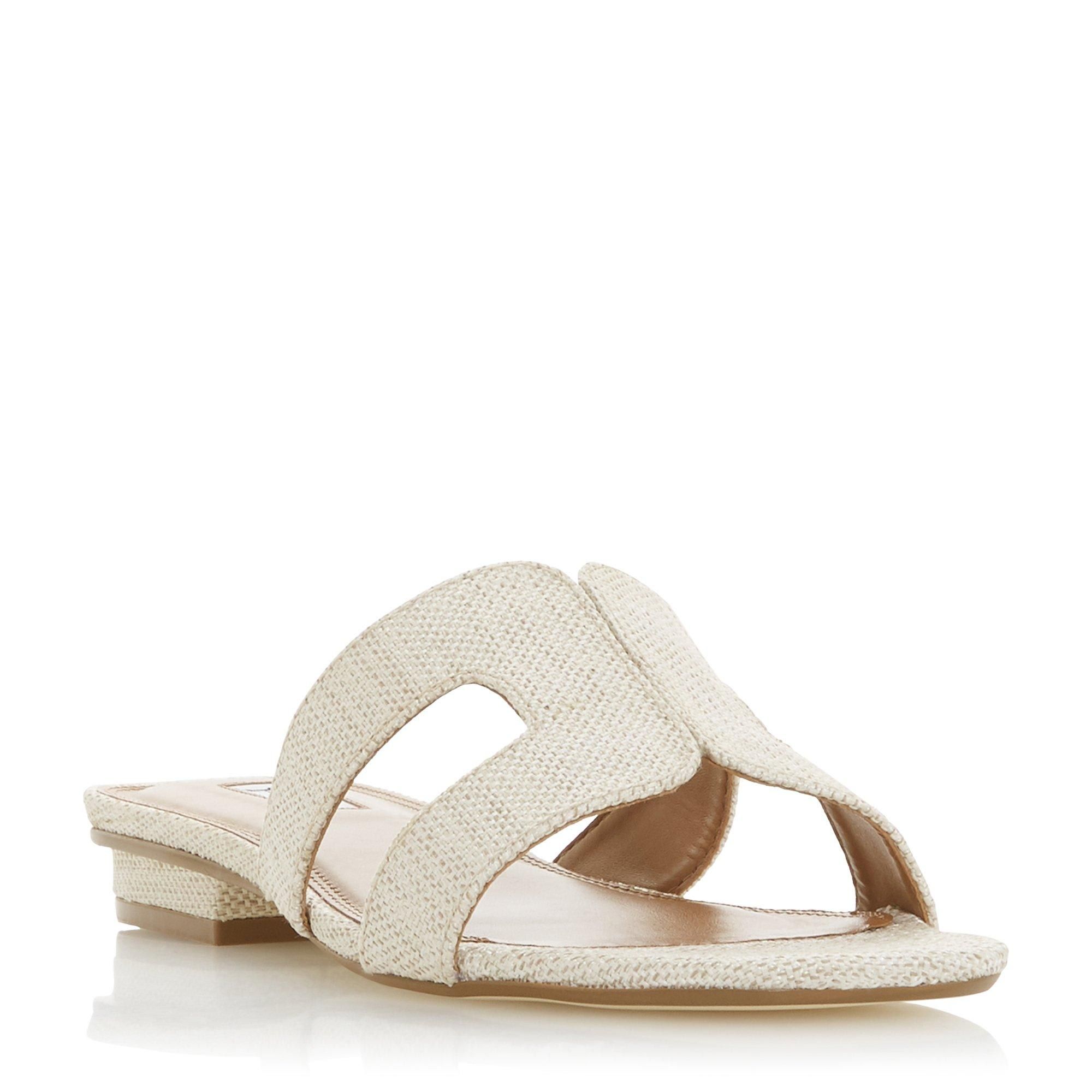 Stay smart and stylish this summer with Dune London's Loupe slider sandal. Featuring a cut out design with contrast stitching and a low block heel. An open sandal toe and resin sole complete the striking shoe.