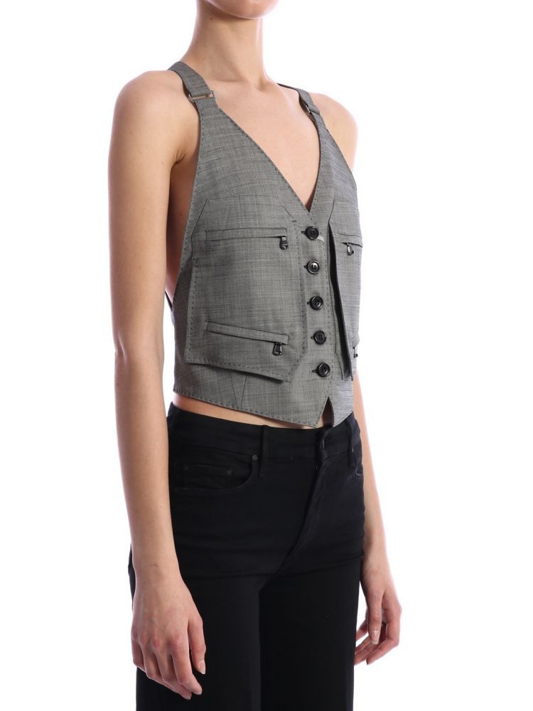 Waistcoat in wool grisaille, with suspenders and zip pockets on the front. Viscose insert on the back with adjustable waist strap. Button closure.The model is 1.82 cm tall and wears a size 40IT