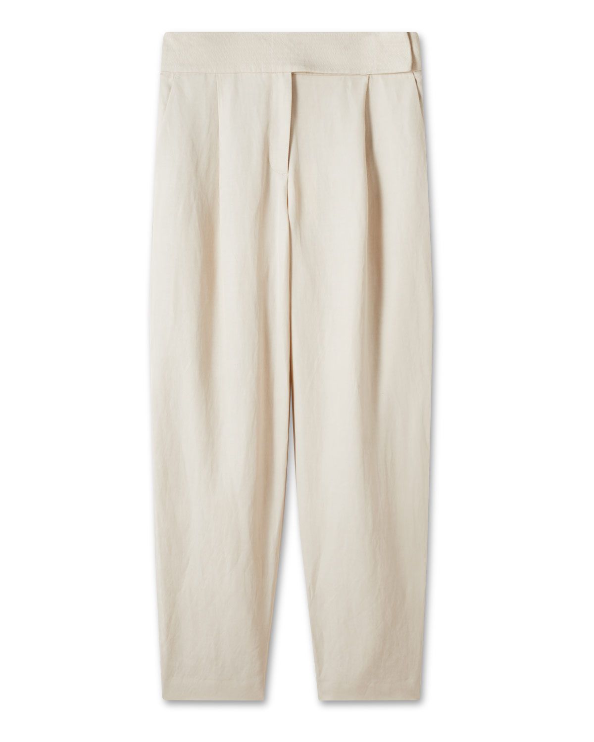 Italian linen trousers. Slightly wider at the thigh. Narrow and multi-stitched hem. Subtle textural twills for fluid effect.