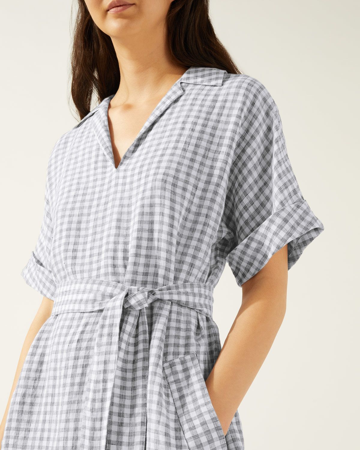 Gingham Linen Belted Dress