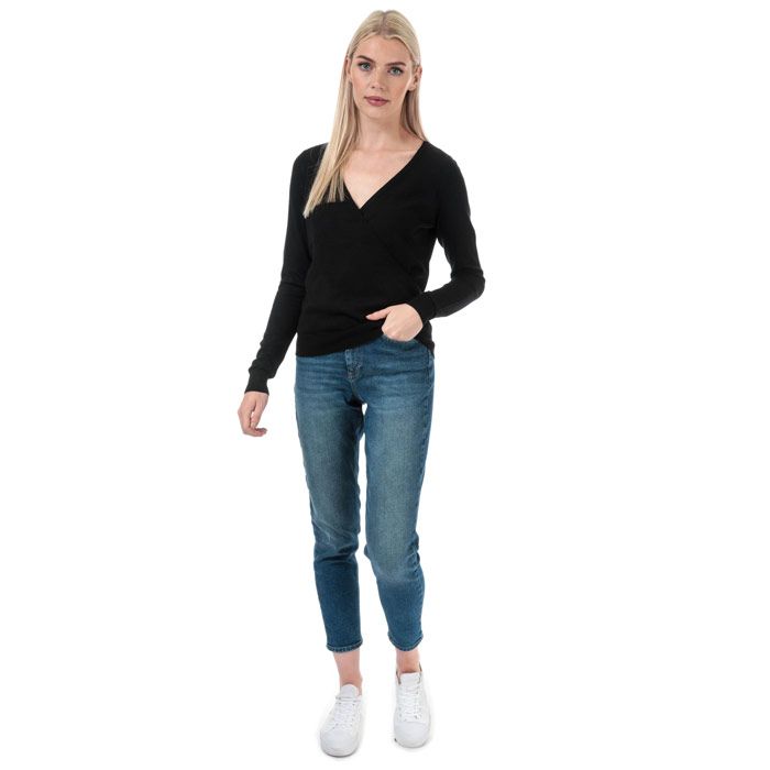 Womens Vero Moda Karisara V-Neck Wrap Jumper in black.<BR><BR>- Ribbed V-neck with fixed wrapover detail.<BR>- Long sleeves.<BR>- Ribbed cuffs and hem.<BR>- Measurement from shoulder to hem: 23in approximately.<BR>- 50% Viscose  27% Nylon  23% Polyester.  Machine washable.<BR>- Ref: 10231498<BR><BR>Measurements are intended for guidance only.