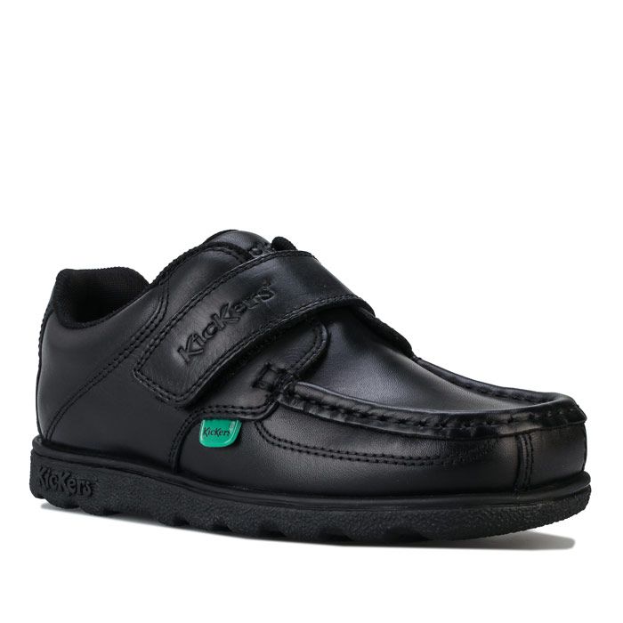 Children Boys Kickers Fragma Lo Strap Leather Shoes in Black <BR>- Hook and loop strap fastening <BR>- Padded collar <BR>- Iconic red and green branded tabs to sides <BR>- Smooth leather upper <BR>- Embossed branding <BR>- Leather Upper  Textile Lining  Synthetic Upper <BR>- Ref: 114862