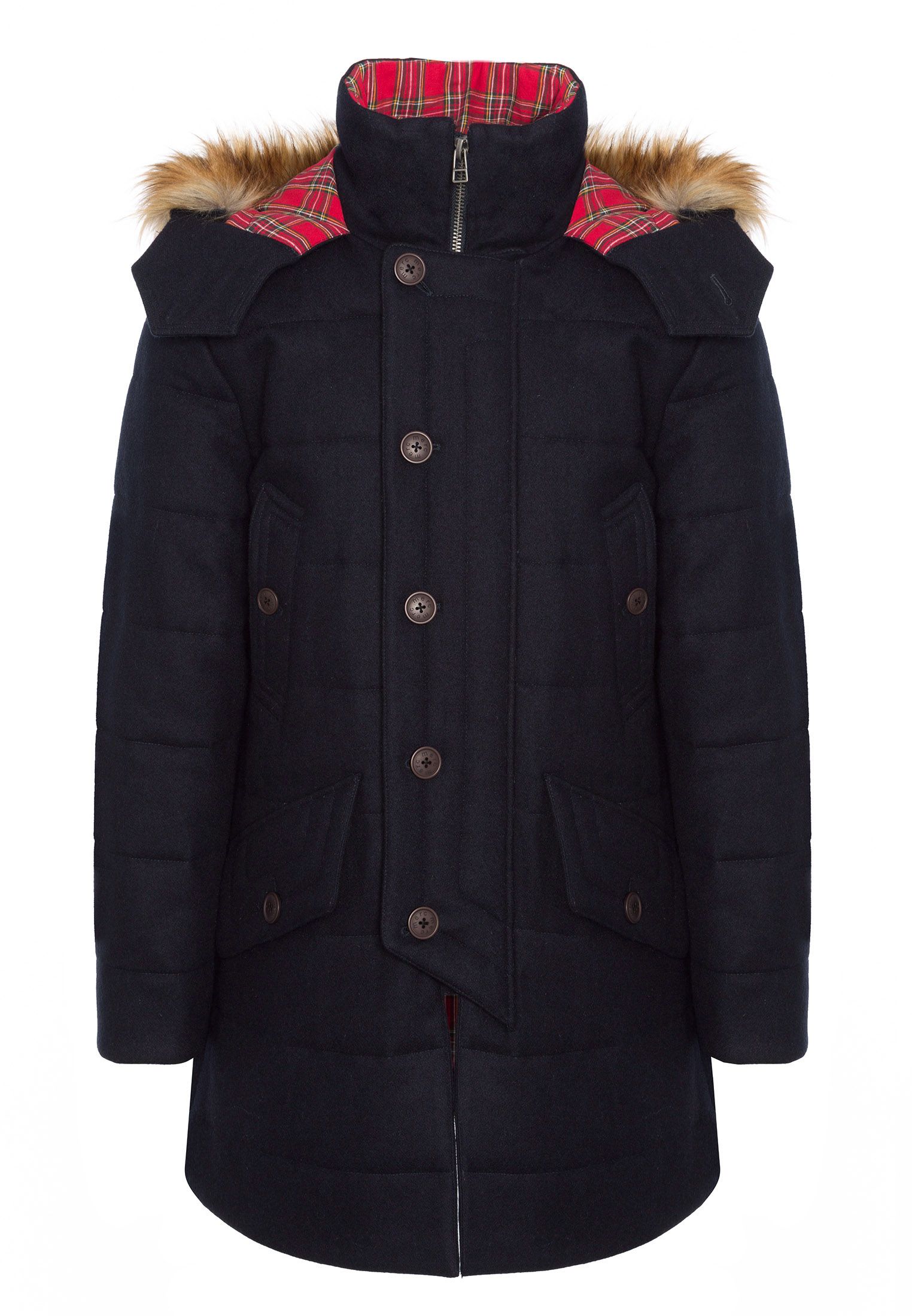 Raleigh Mens Padded Wool Parka With Fur Hood In Dark Navy