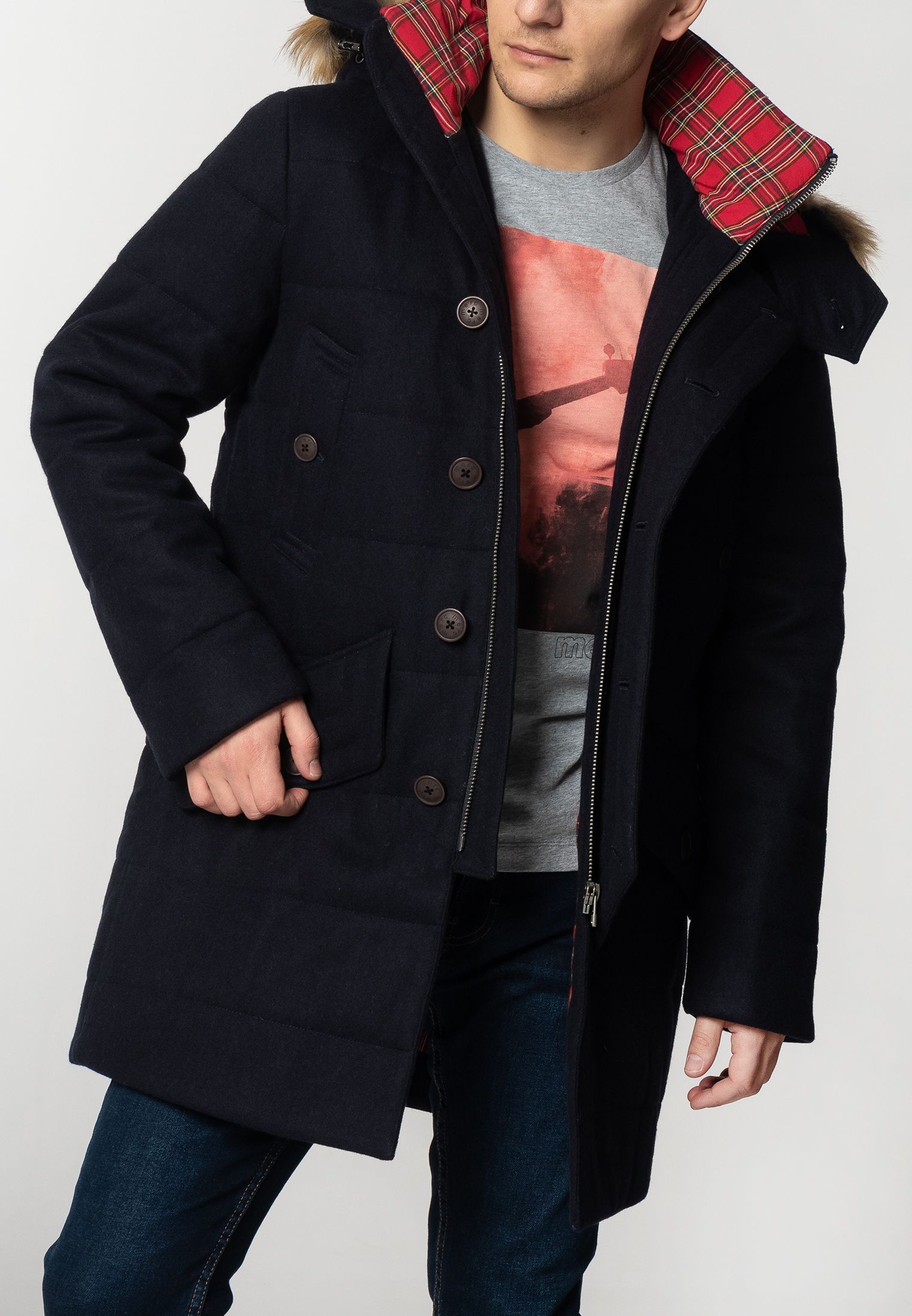 Raleigh Mens Padded Wool Parka With Fur Hood In Dark Navy