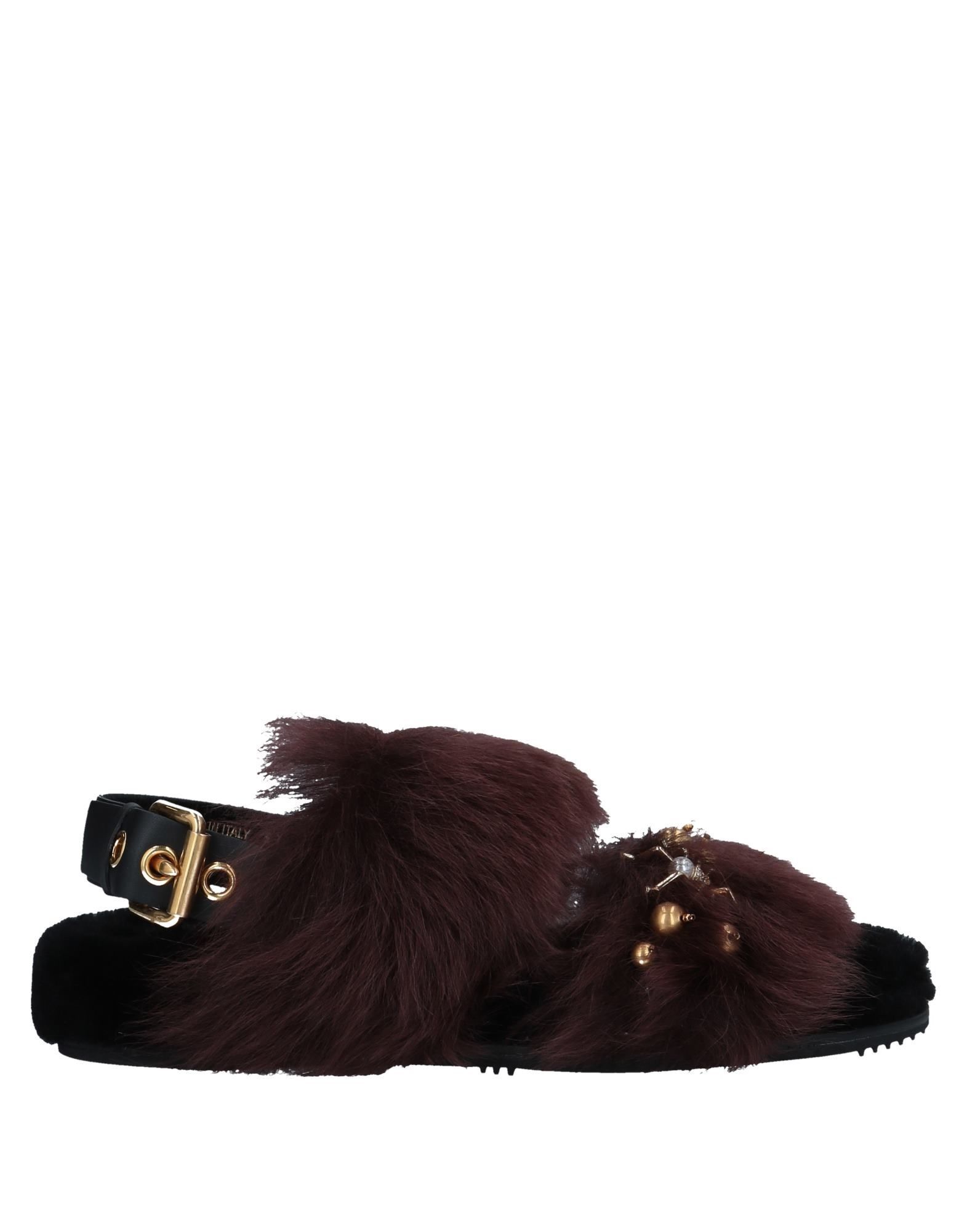 fur, beaded, metal applications, solid colour, buckling ankle strap closure, round toeline, flat, leather lining, rubber cleated sole, contains non-textile parts of animal origin
