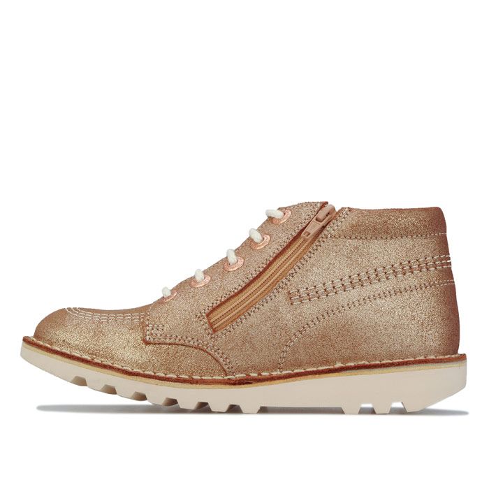 Junior Girls Kickers Kick Hi Suede Boots in dark tan.<BR><BR>- Premium glitter suede upper.<BR>- Lace closure.<BR>- Inner zip for easy on - off.<BR>- Classic triple stitch detail.<BR>- Rose gold tone eyelets and brand tabs.<BR>- Padded collar.<BR>- Iconic Kickers fleurette and tabs.<BR>- Kickers branding at tongue and side heel.<BR>- Durable rubber outsole.<BR>- Suede upper  Textile and leather lining  Rubber sole.<BR>- Ref: 1-15687