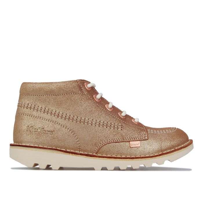 Junior Girls Kickers Kick Hi Suede Boots in dark tan.<BR><BR>- Premium glitter suede upper.<BR>- Lace closure.<BR>- Inner zip for easy on - off.<BR>- Classic triple stitch detail.<BR>- Rose gold tone eyelets and brand tabs.<BR>- Padded collar.<BR>- Iconic Kickers fleurette and tabs.<BR>- Kickers branding at tongue and side heel.<BR>- Durable rubber outsole.<BR>- Suede upper  Textile and leather lining  Rubber sole.<BR>- Ref: 1-15687