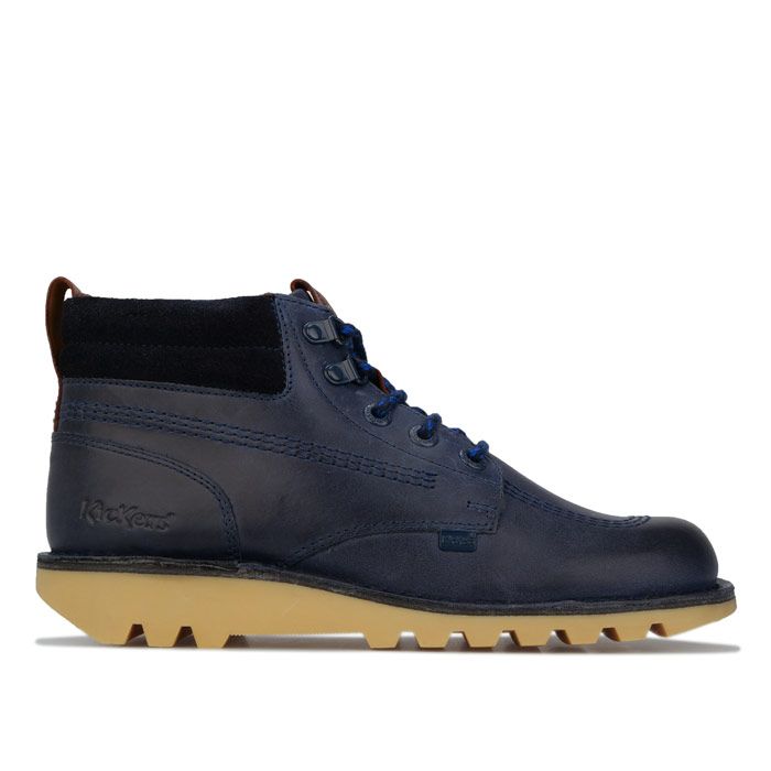 Mens Kickers Kick Hi Leather Boots in navy. – Premium leather upper. – Durable chunky sole. – Contrast stitch detail. – Kickers tabs. – Padded fleece lined collar. – Cushioned footbed. – Lace up. – Leather and synthetic upper – Synthetic and textile lining – Synthetic sole. – Ref: 115913
