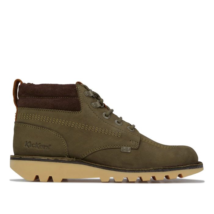 Mens Kickers Kick Hi Leather Boots in olive. – Premium leather upper. – Durable chunky sole. – Contrast stitch detail. – Kickers tabs. – Padded fleece lined collar. – Cushioned footbed. – Lace up. – Leather and synthetic upper – Synthetic and textile lining – Synthetic sole. – Ref: 116077
