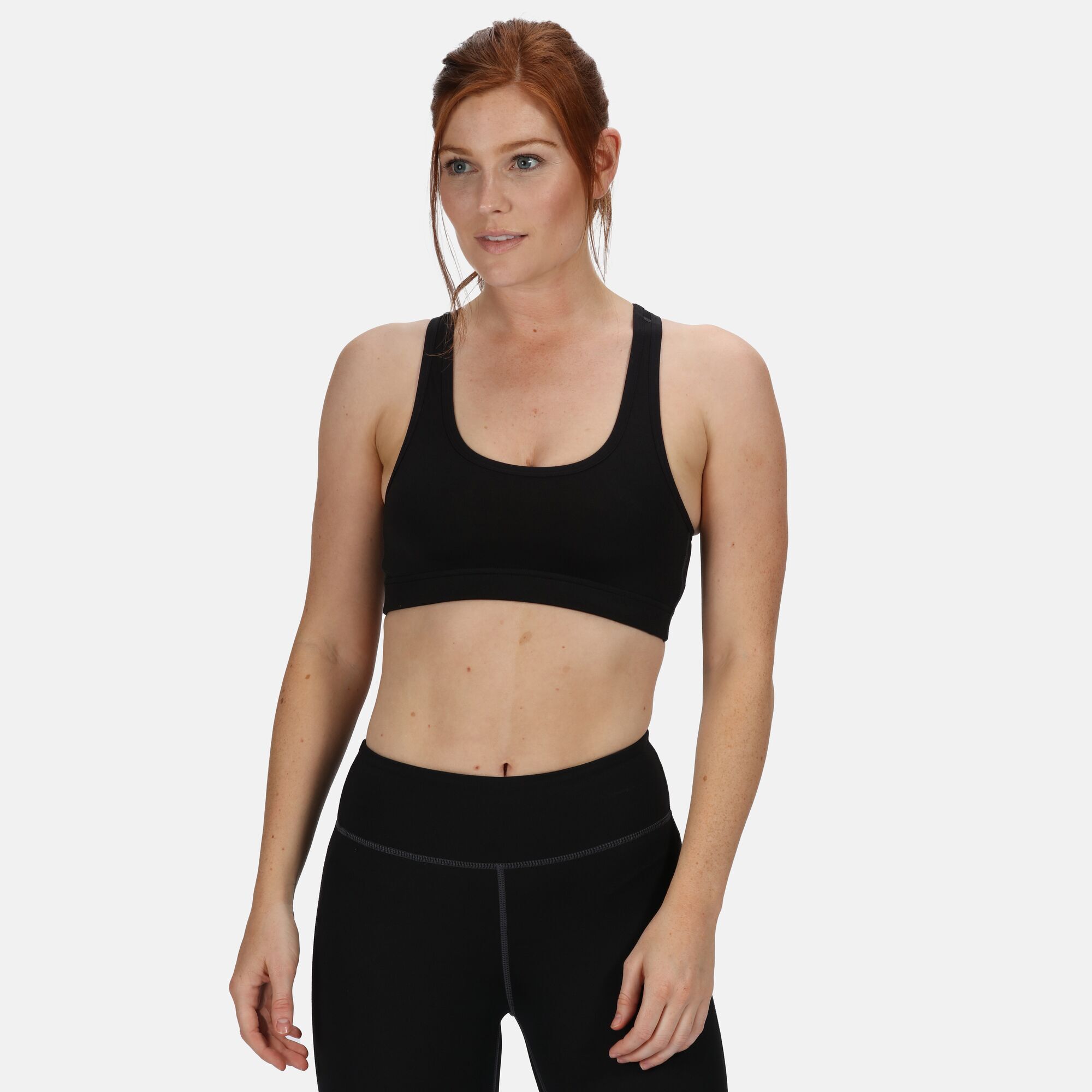 85% polyester, 15% elastane. Good wicking performance. Quick drying. Built-in bra support. Double layer front panel for complete support and comfort.