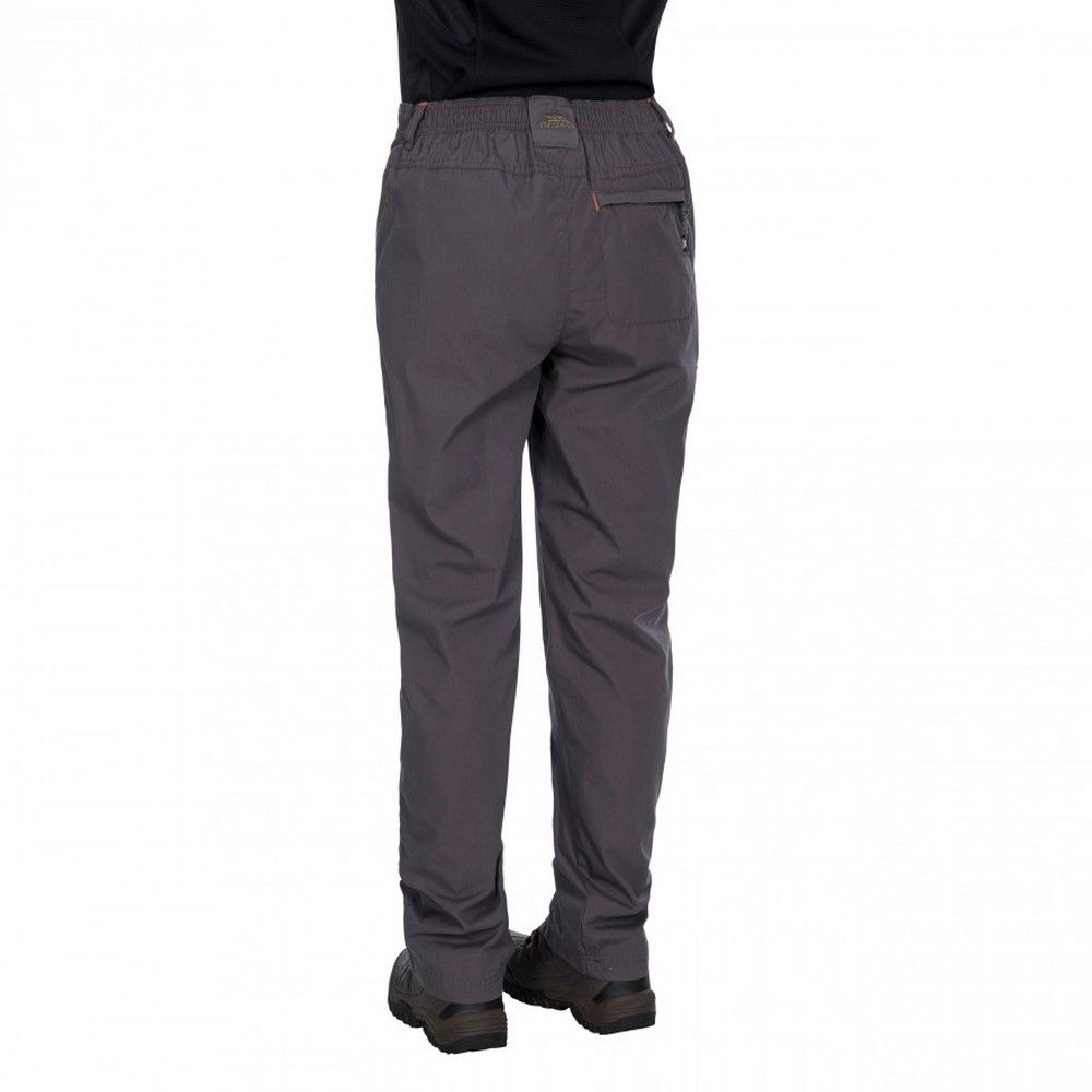 Womens trousers. Adjustable waist with back elastic. 1 zip pocket at back. 4 pockets. Contrast trims. UV40+. Water repellent. 65% Polyester, 35% Cotton, peached. Trespass Womens Waist Sizing (approx): XS/8 - 25in/66cm, S/10 - 28in/71cm, M/12 - 30in/76cm, L/14 - 32in/81cm, XL/16 - 34in/86cm, XXL/18 - 36in/91.5cm.