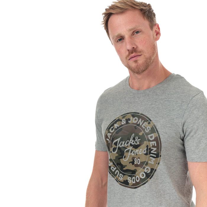 Mens Jack Jones Camo Man T-Shirt in light grey melange.<BR><BR>- Crew neck.<BR>- Short sleeves.<BR>- Camo graphic print to chest with Jack & Jones branding.<BR>- Tonal back neck tape.<BR>- Slim fit.<BR>- Main material: 85% Cotton  15% Viscose.  Machine washable.<BR>- Ref: 12175083