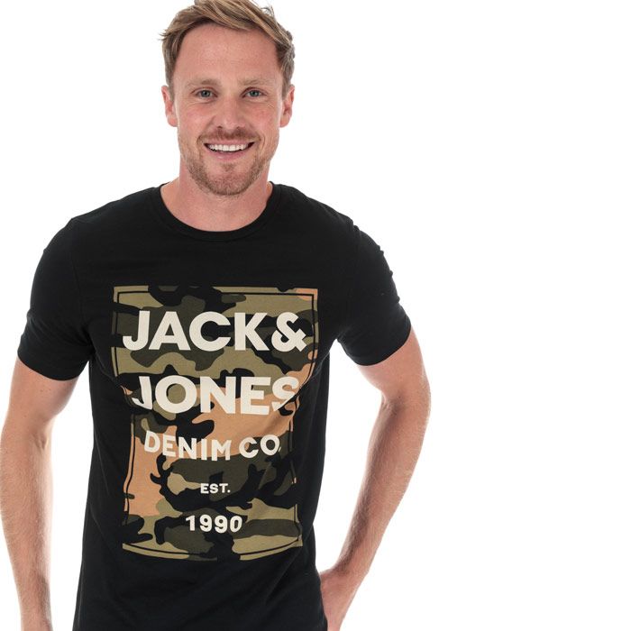 Mens Jack Jones Camo Man T-Shirt in black.<BR><BR>- Crew neck.<BR>- Short sleeves.<BR>- Camo graphic print to chest with Jack & Jones branding.<BR>- Tonal back neck tape.<BR>- Slim fit.<BR>- Main material: 100% Cotton.  Machine washable.<BR>- Ref: 12175083