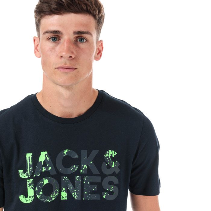 Mens Jack Jones Splash Corp Logo T-Shirt in navy blazer.<BR><BR>- Ribbed crew neck.<BR>- Short sleeves.<BR>- Graphic logo printed to chest.<BR>- Tonal back neck tape.<BR>- Slim fit.<BR>- Main material: 100% Cotton.  Machine washable.<BR>- Ref: 12176707