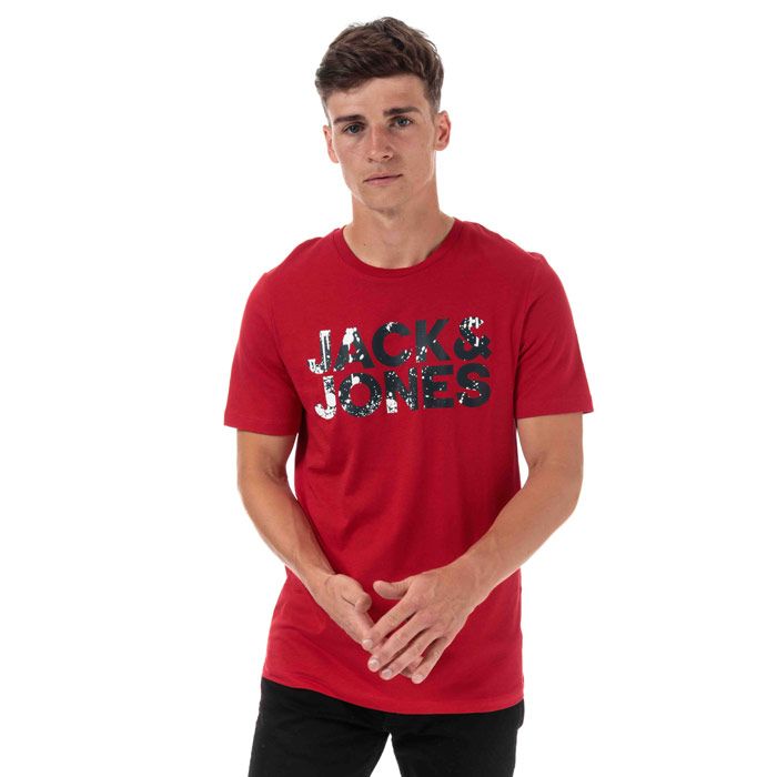 Mens Jack Jones Splash Corp Logo T-Shirt in tango red.<BR><BR>- Ribbed crew neck.<BR>- Short sleeves.<BR>- Graphic logo printed to chest.<BR>- Tonal back neck tape.<BR>- Slim fit.<BR>- Main material: 100% Cotton.  Machine washable.<BR>- Ref: 12176707