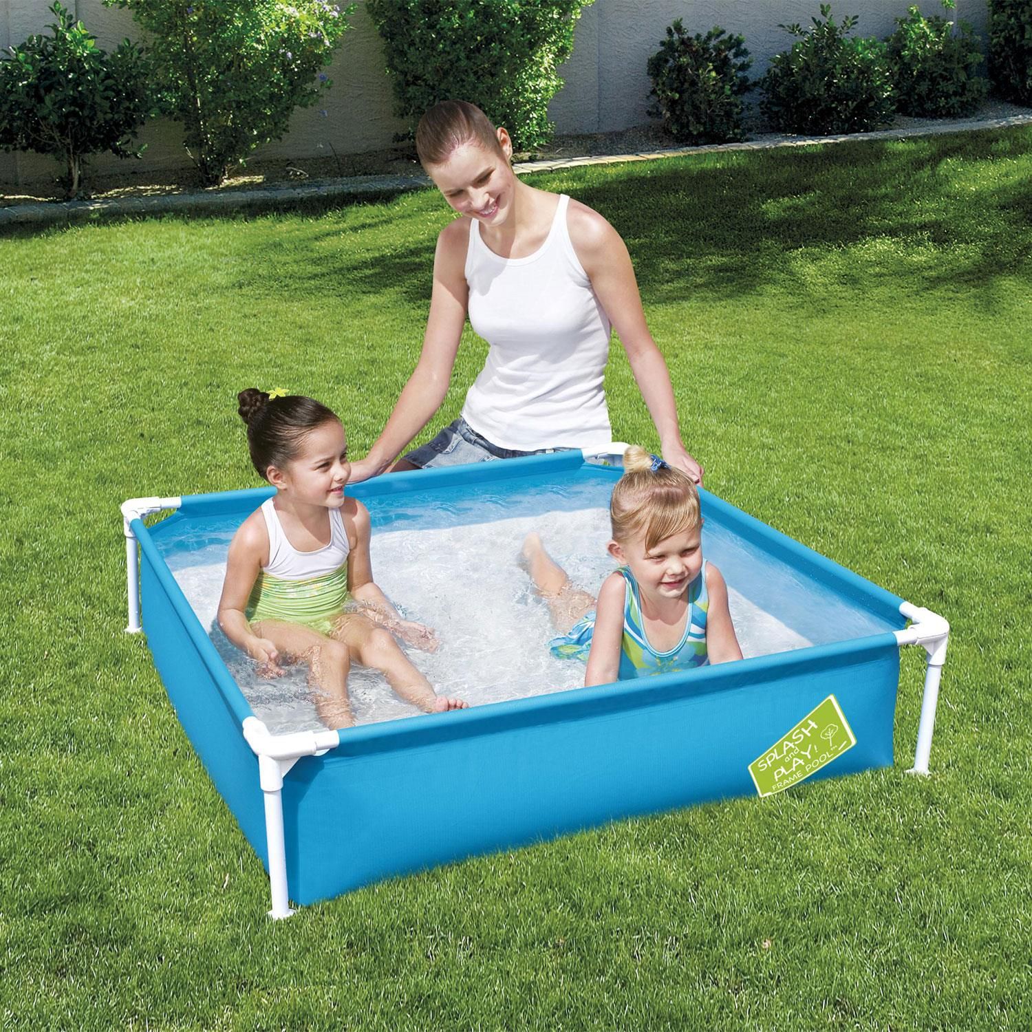 Bestway Splash and Play Rectangular Blue Frame Pool 48'' x 48'' x 12'', 365L.  Designed to get kids moving, grooving and out of the house, the Bestway My First Frame Pool is quality-tested and puts the focus back on fun! This pool is great for kids to splash and play in. This pool is easy to set up and is constructed of rust-resistant metal frames. The pool is easy to take down for storage. Splashing in the sun has never been more fun than with My First Frame Pool!

Features : 
Easy set up
Corrosion resistant metal frames
Easy to take down for off-season storage
Rectangular shape provides more area for swimming and playing
Water Capacity (90%): 365L (96gal.)
Underwater adhesive repair patch 

Installation of Swimming Pool :
It is essential the pool is set up on solid, level ground. If the pool is set up on uneven ground it can cause collapse of the pool and flooding, causing serious personal injury and/or damage to personal property. Setting up on uneven ground will void the warranty and service claims.
Do not set up on driveways, decks, platforms, gravel or asphalt. Ground should be firm enough to withstand the pressure of the water; mud, sand, soft / loose soil or tar are not suitable.
The ground must be cleared of all objects and debris including stones and twigs.


Box Contains :
1 x Bestway 48