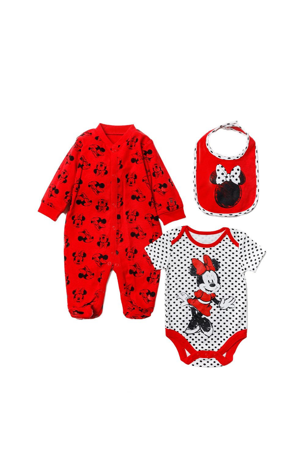 This adorable Disney Baby three-piece set features a classic Minnie Mouse print. The set includes an all-over, spotted print bodysuit, a footed sleepsuit and a matching bib! Each item in the set is cotton with popper fastenings, keeping your little one comfortable. This would be a lovely baby shower gift for the little one in your life!