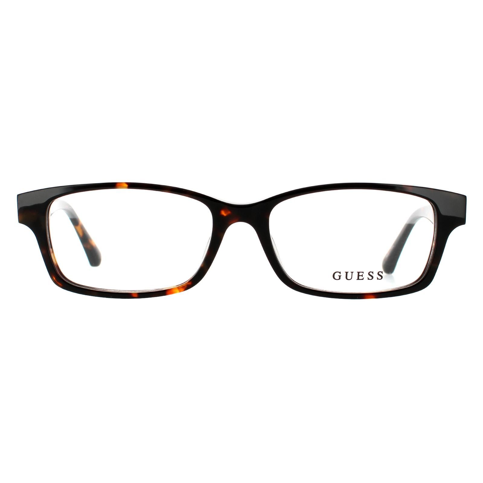 Guess Rectangular Womens Dark Havana Glasses Frames GU2785 are a rectangular style crafted from lightweight acetate. Non-slip temples  and  integrated nose pads ensure a comfortable fit. The Guess features on the left lens for brand authenticity.