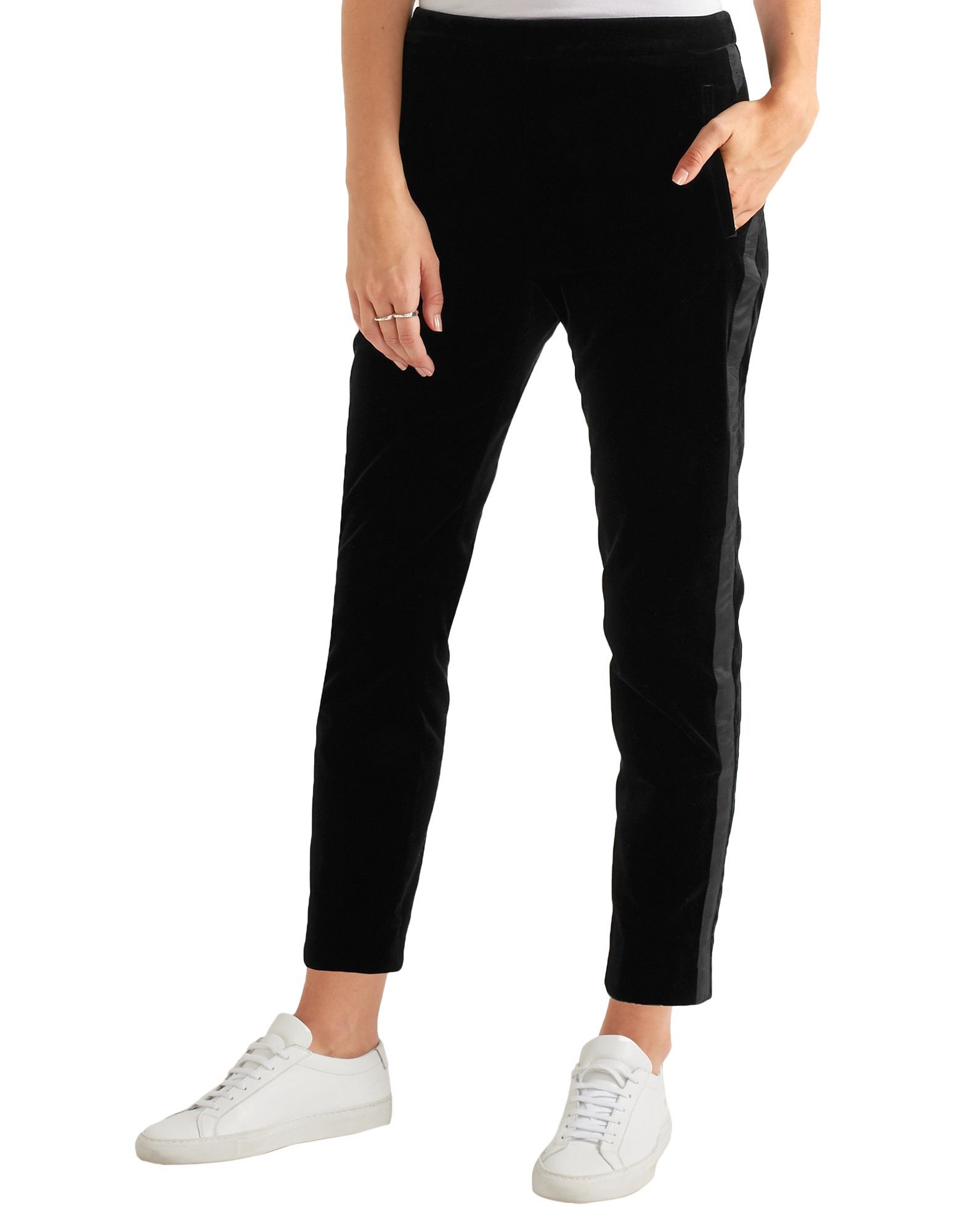velvet, side seam stripes, basic solid colour, high waisted, regular fit, tapered leg, hook-and-bar, zip, multipockets, pants
