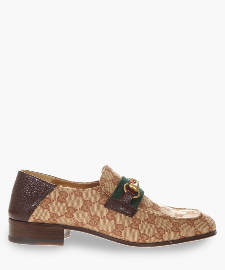 Brown leather and canvas monogram loafers
