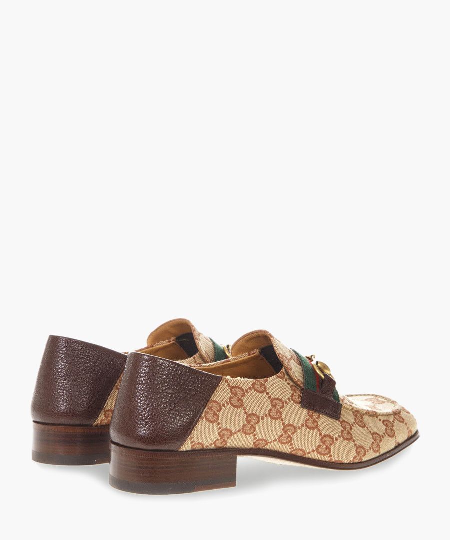 Brown leather and canvas monogram loafers