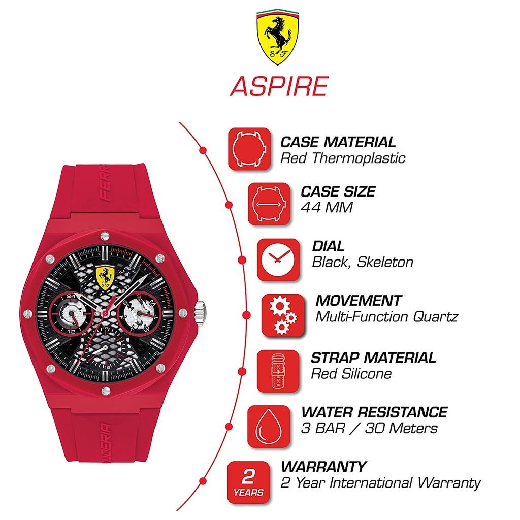 This Ferrari Aspire Multi Dial Watch for Men is the perfect timepiece to wear or to gift. It's Red 43 mm Round case combined with the comfortable Red Rubber watch band will ensure you enjoy this stunning timepiece without any compromise. Operated by a high quality Quartz movement and water resistant to 3 bars, your watch will keep ticking. Rubber watch band make it comfortable to wear and lead you to edge sport fashion. Perfect for both indoor and outdoor activities. -The watch has a calendar function: Day-Date, 24-hour Display High quality 21 cm length and 22 mm width Red Rubber strap with a Buckle Case diameter: 43 mm,case thickness: 12 mm, case colour: Red and dial colour: Black