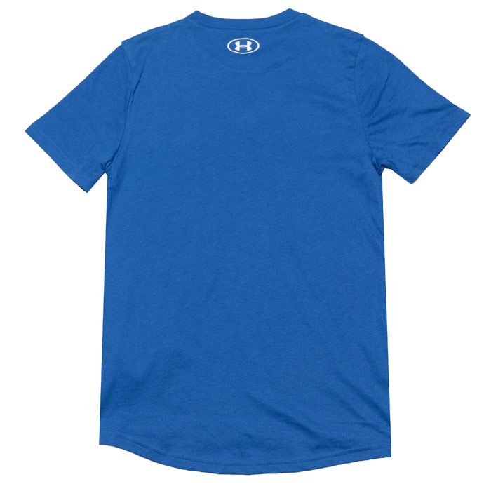 Junior Boys Under Armour Wordmark T-Shirt  Blue.  <BR><BR>- Ribbed crew neck<BR>- Short sleeves<BR>- Graphic print to front<BR>- Branding to front and reverse collar<BR>- 60% Cotton  40% Polyester  Machine washable.<BR>- Ref: 1357260486