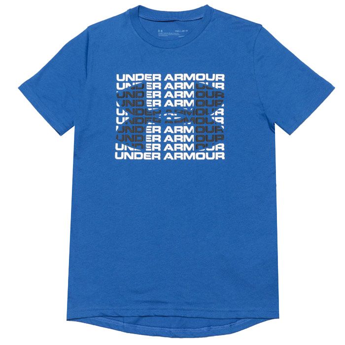 Infant Boys Under Armour Wordmark T-Shirt  Blue.  <BR><BR>- Ribbed crew neck<BR>- Short sleeves<BR>- Graphic print to front<BR>- Branding to front and reverse collar<BR>- 60% Cotton  40% Polyester  Machine washable.<BR>- Ref: 1357260486I