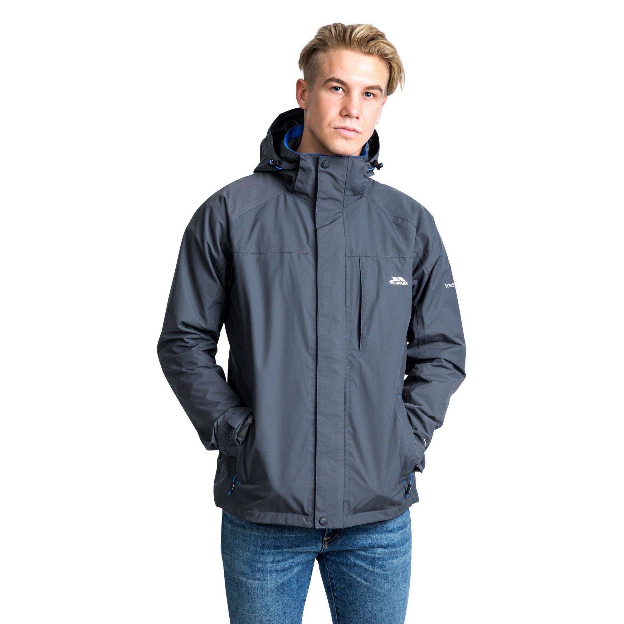 Waterproof jacket with adjustable concealed hood. 2 zipped lower pockets. Zipped chest pocket. Hem drawcord with side adjusters. Elasticated cuff with tab adjuster. Inner zipped pocket. Waterproof 5000mm, breathable 5000mvp, windproof, taped seams. Shell: 100% polyamide taslan, PU coating. Lining: 100% polyester. Trespass Mens Chest Sizing (approx): S - 35-37in/89-94cm, M - 38-40in/96.5-101.5cm, L - 41-43in/104-109cm, XL - 44-46in/111.5-117cm, XXL - 46-48in/117-122cm, 3XL - 48-50in/122-127cm.