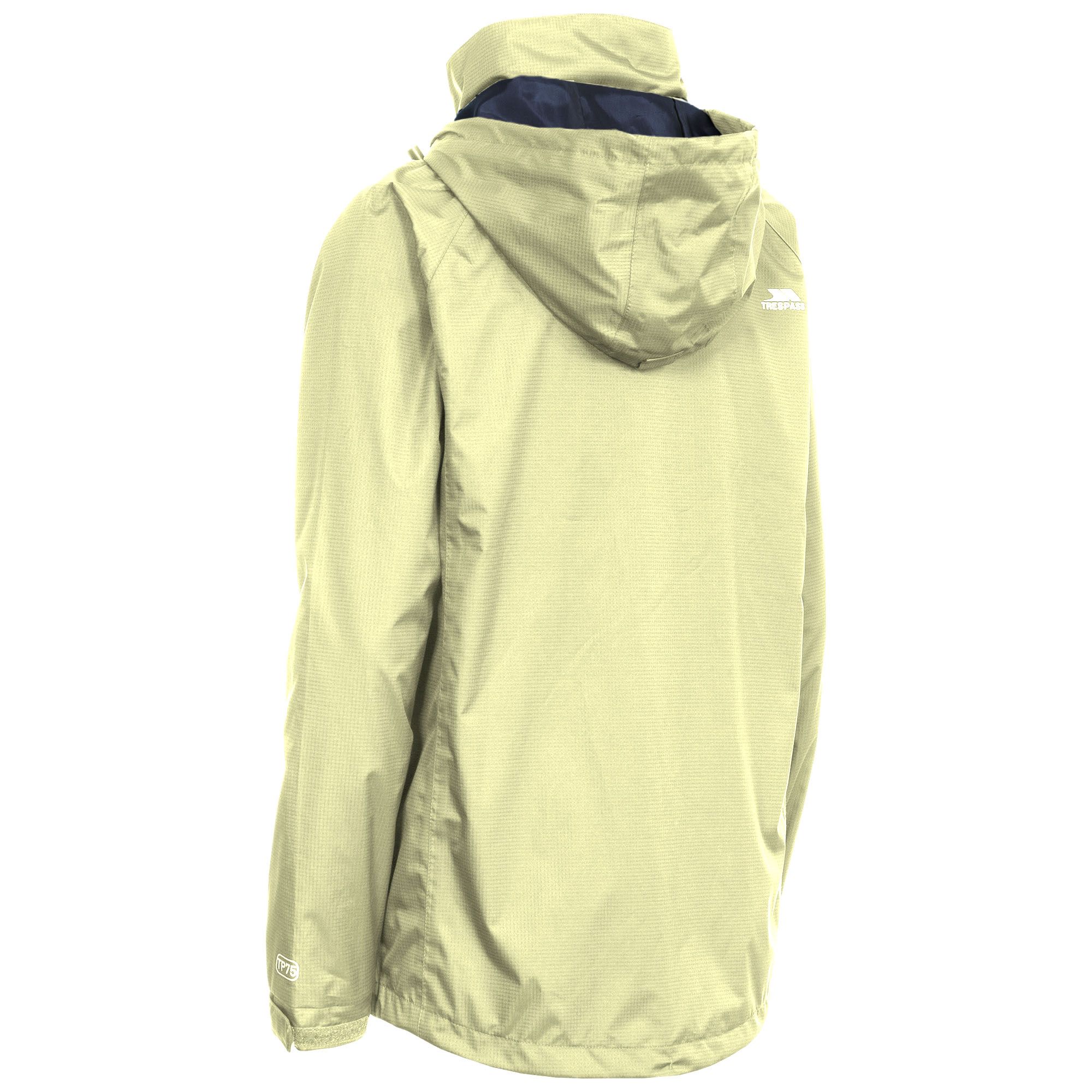 Waterproof jacket with contrast mesh lining. Hood packs into collar. 2 zips pockets. Elasticated cuffs with adjustable tabs. Drawcord at hem. Waterproof 3000mm, breathable 3000mvp, windproof, taped seams. Shell: 100% polyester. Lining: 100% polyester mesh. Trespass Womens Chest Sizing (approx): XS/8 - 32in/81cm, S/10 - 34in/86cm, M/12 - 36in/91.4cm, L/14 - 38in/96.5cm, XL/16 - 40in/101.5cm, XXL/18 - 42in/106.5cm.