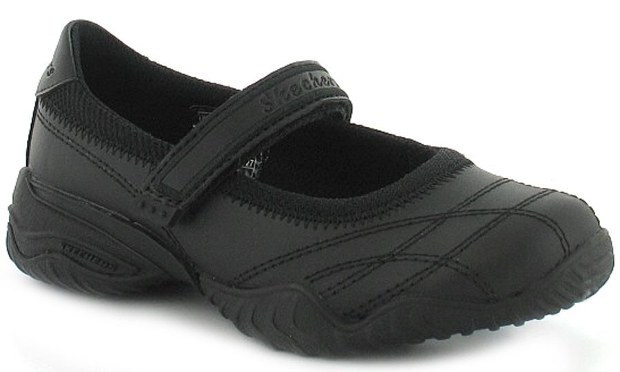 New Girls Black Leather Skechers School Shoes With Touch Fastening