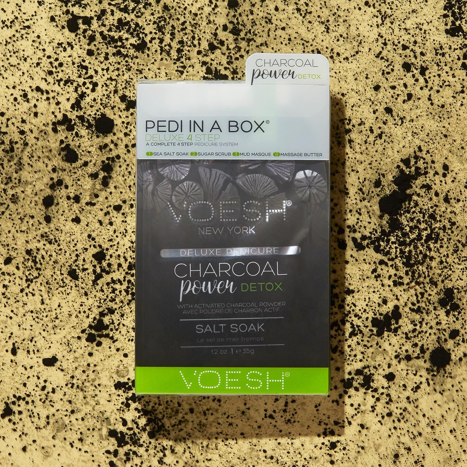 Voesh Charcoal Power Detox Deluxe 4Step Pedicure In A Box with Charcoal Extract.   The Cleanest And Most Hygienic Spa Pedicure Solution. Enriched With Key Ingredients To Give Your Feet The Nutrition It Needs. Each Product Is Individually Packed With The Right Amount For A Single Pedicure.

The Perfect Pedi For:
DIY At-Home Pedicure
Date Night
Bachelorette Parties
Girls’ Night In

The kit contains:
Sea Salt Soak: This soak helps relieve tension, stiffness, minor aches and discomfort in your feet. It helps detox and deodorize the feet.
Sugar Scrub: The scrub gently exfoliates dead skin cells and helps soften your feet. Perfect for use on the soles on your feet.
Mud Masque: The masque removes deep-seated impurities in your skin leaving your feet feeling clean and revived.
Massage Cream: The massage cream hydrates and soothes skin. It softens the soles of your feet and helps prevent dryness and roughness.

4 Step Includes
Sea Salt Soak 35g: to detox & deodorize the feet.
Sugar Scrub 35g: to gently exfoliate dead skin.
Mud Masque 35g: to deep cleanse impurities.
Massage Butter 35g: to hydrate and soothe skin.