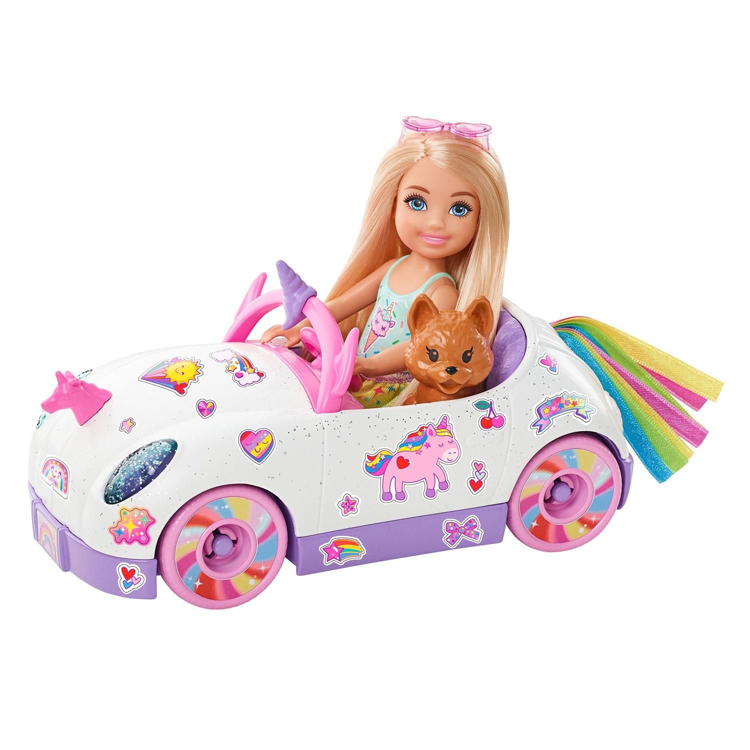 Barbie Fashionists Adventure Chelsea Doll with Unicorn-Themed Car Toy

Young imaginations will discover endless playtime possibilities with this Barbie unicorn-inspired car which comes with a Chelsea doll and puppy toy! This adorable open-top Barbie vehicle is glittery white with purple detailing and comes with a unicorn-themed hood ornament and rainbow streamer tail! Use the Barbie sticker sheet to customize the car with more cute decorations! Seat the Chelsea doll toy and her puppy friend in the car, and take them on all kinds of fun adventures! This Barbie Chelsea playset makes a great gift for ages 3+.

Features:

Hit the road and discover storytelling adventures with a 6-inch Chelsea doll, her pet puppy, and their adorable, unicorn-inspired car.
The sweet vehicle features open-top, rolling wheels, a unicorn hood ornament, and a rainbow streamer tail.
Use the sticker sheet to customize the ride, then seat Chelsea doll and her puppy inside and take it for a spin.
Chelsea doll is ready for any adventure in a unicorn-themed moulded top, Removeable tie-dye skirt, silvery shoes, and adorable pink sunglasses.
With so many sweet details, this Chelsea doll and car playset make a great gift for 3 to 7-year-olds.

Box contains:

1x Chelsea doll
1x Pet puppy
1x Car with unicorn hood ornament & Rainbow streamer tail
1x Sticker Sheet