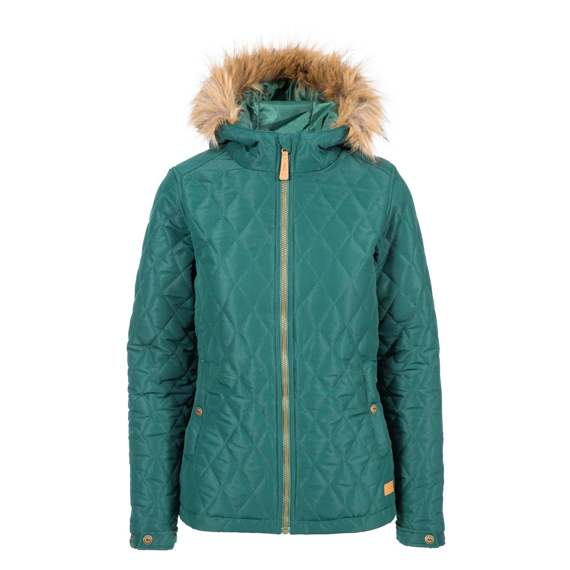 Padded. Diamond shaped quilting. 2 stud fastening waist pockets. Grown on hood with fur trim. Adjustable stud cuff. Inner storm flap. Shell: 100% Polyester, Lining: 100% Polyester, Filling: 100% Polyester. Trespass Womens Chest Sizing (approx): XS/8 - 32in/81cm, S/10 - 34in/86cm, M/12 - 36in/91.4cm, L/14 - 38in/96.5cm, XL/16 - 40in/101.5cm, XXL/18 - 42in/106.5cm.