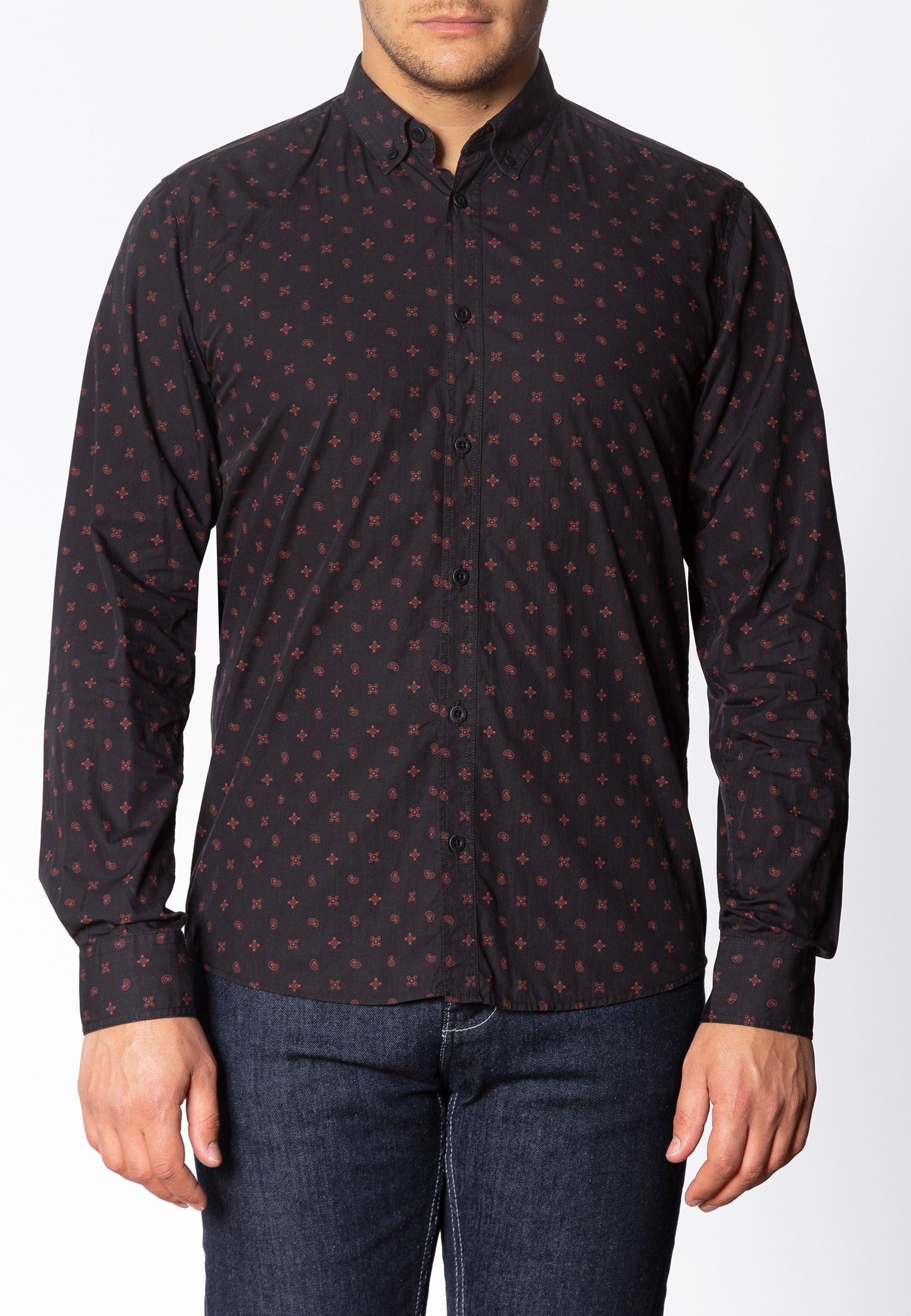 Worple Mens Long Sleeve Cotton Shirt With Geo Print In Black