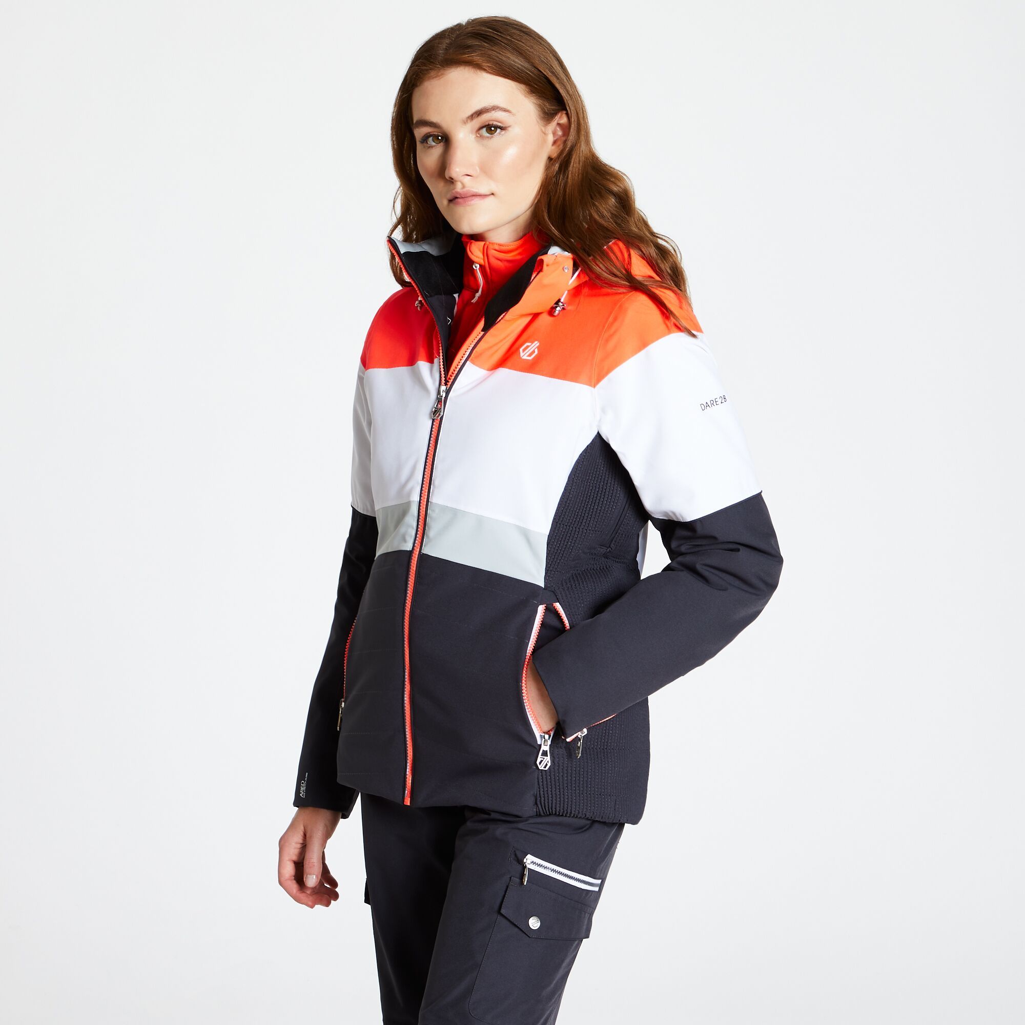 Material: polyester: 100%. AEP Kinematics. Waterproof and breathable Ared V02 20000 Oxford polyester 4-way stretch fabric. Durable water repellent finish. Taped seams. Underarm ventilation zips with mesh lining. Detachable performance fit technical hood with adjusters and wired peak. Removable make up guard. Articulated sleeve design with extra articulation to sleeve lining. 2 lower zip pockets. Zip access at cuff with integrated ski pass pocket. Inner stretch bound cuffs with thumb loops. Adjustable shockcord hem system. High loft polyester insulation. Strategically placed stretch, technical mesh and part warm touch scrim linings. Detachable snowskirt with stretch panel and gel gripper tape. 2 internal zipped pockets incl. headphone port and mesh stow pocket with lens wipe cloth.