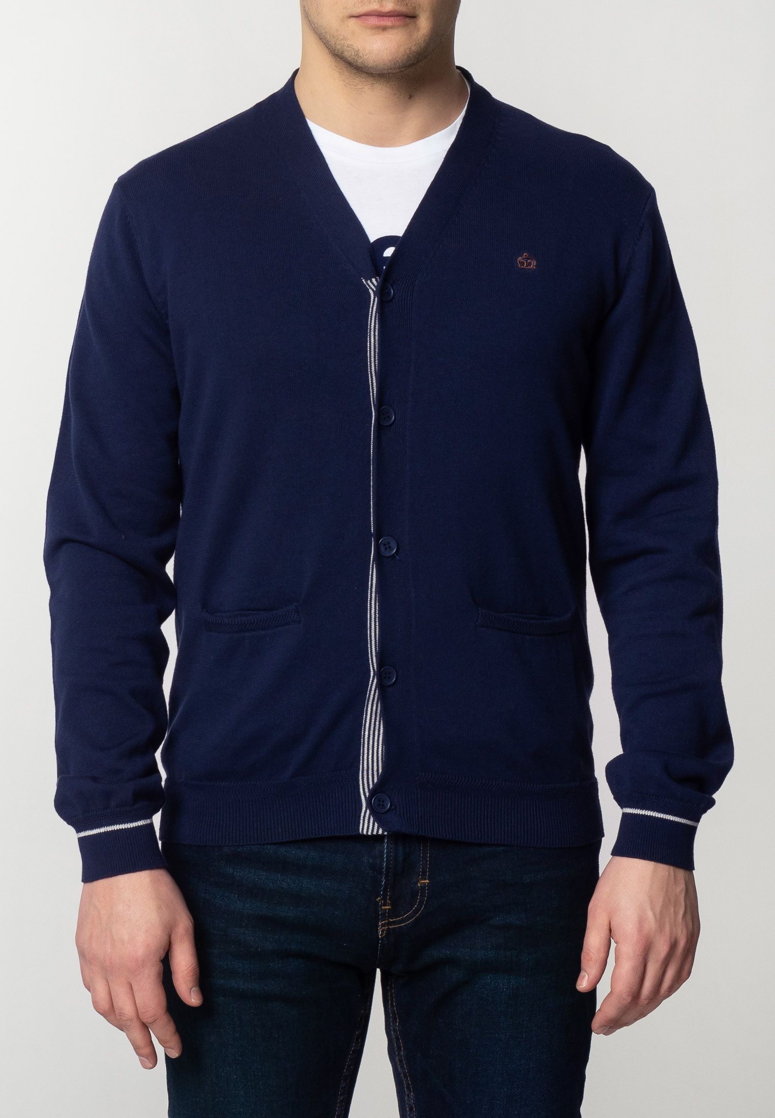 Beckton Mens Fine Knitted Cotton Cardigan With Tipped Details In Navy